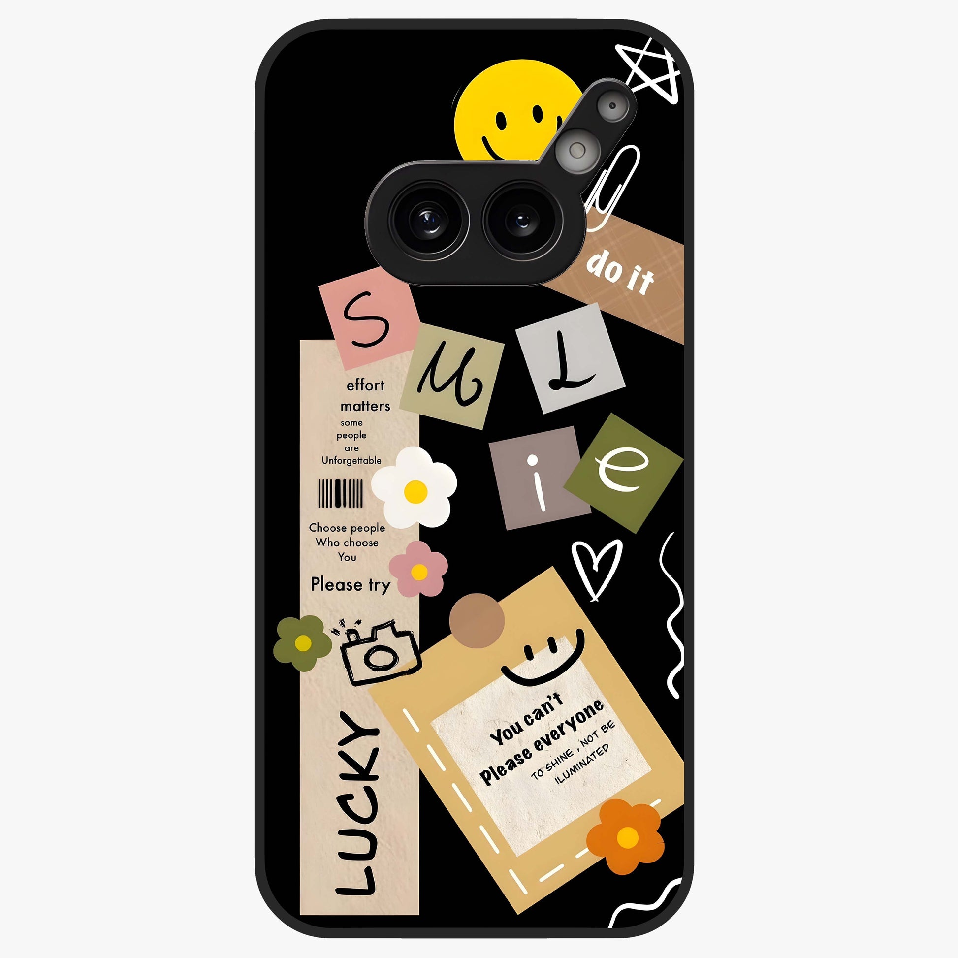 Lucky Aesthetic Collage Glass Case showing flat back view with trendy aesthetic collage artwork and glossy glass finish.