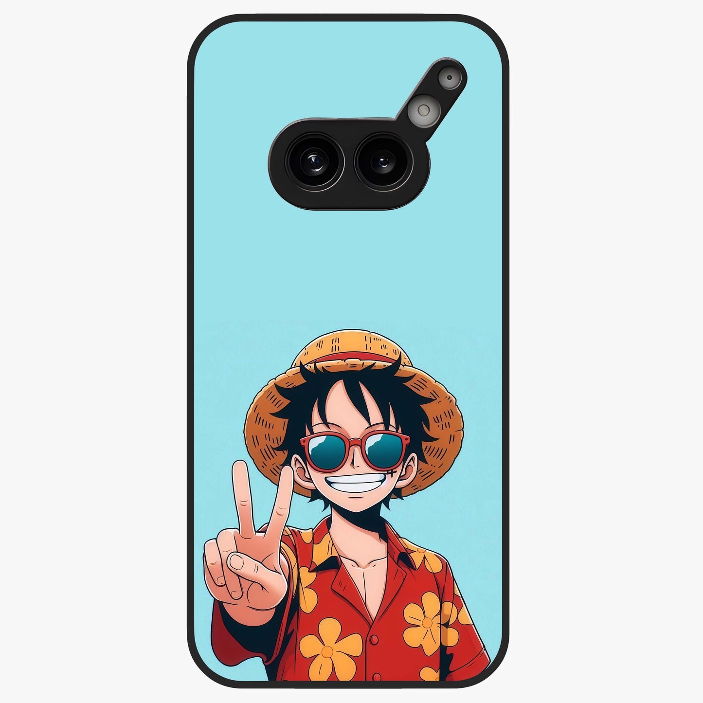 Luffy Summer Anime Vibe Glass Case showing flat back view with vibrant anime character artwork and glossy glass finish.