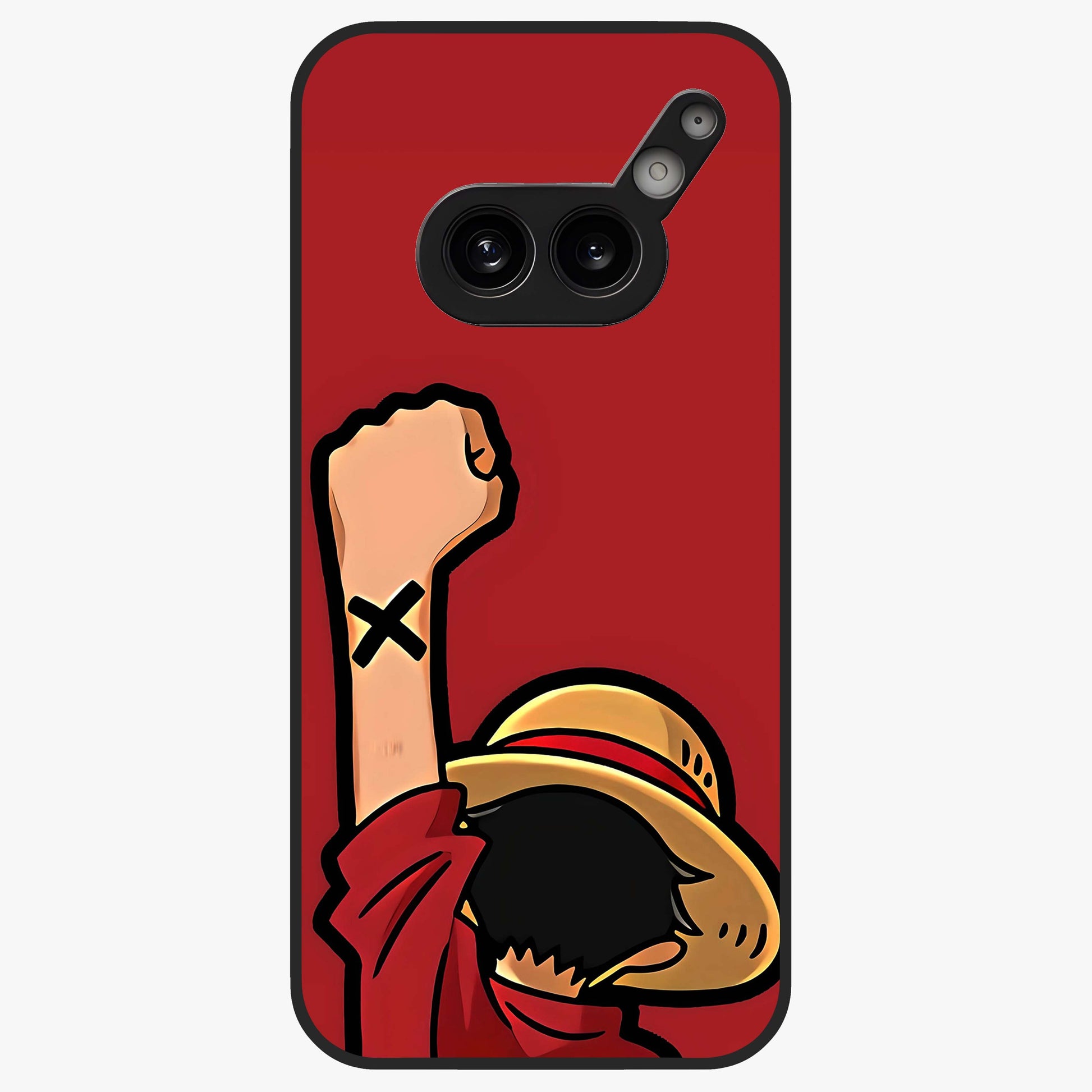 Luffy X Spirit Glass Case showing flat back view with bold anime character artwork and glossy glass finish.