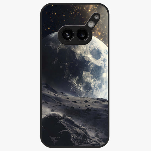 Lunar Horizon Glow Glass Case showing flat back view with glowing moon horizon artwork and glossy glass finish.