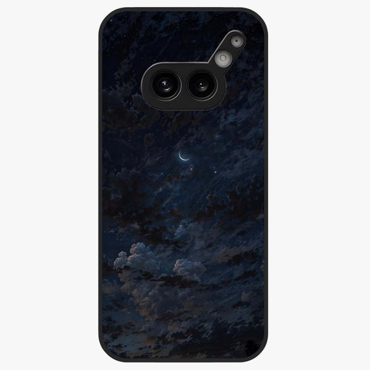 Lunar Veil Silence Glass Case showing flat back view with mystical moon veil artwork and glossy glass finish.