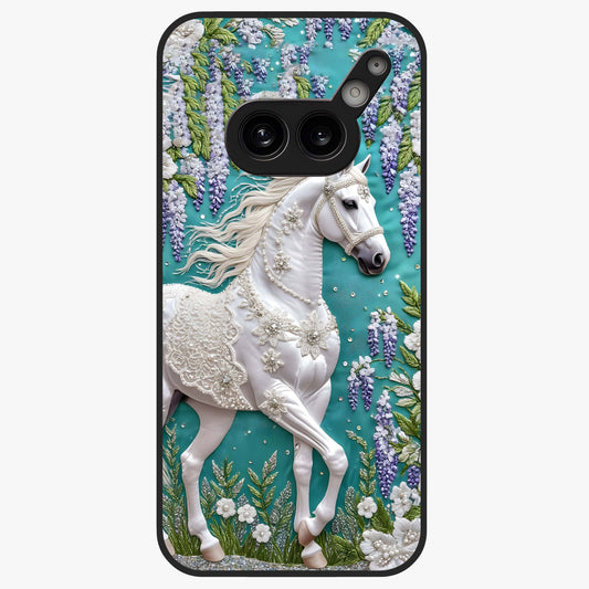 Majestic Floral Stallion Glass Case showing flat back view with powerful horse and floral artwork and glossy glass finish.