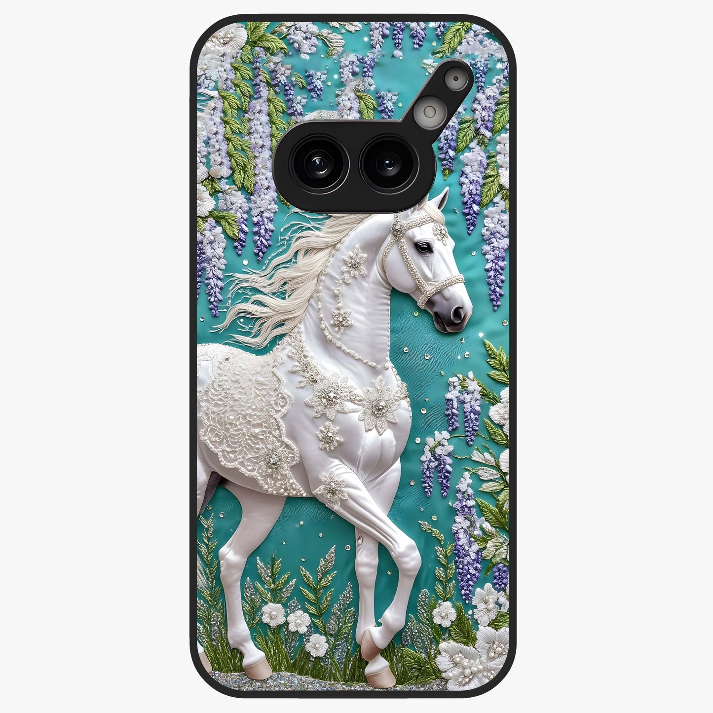 Majestic Floral Stallion Glass Case showing flat back view with powerful horse and floral artwork and glossy glass finish.