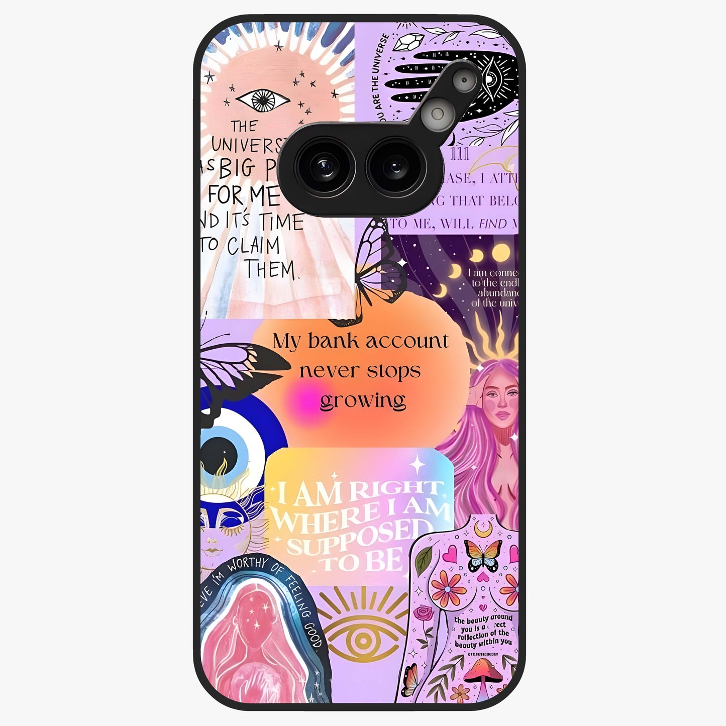 Manifestation Collage Glass Case showing flat back view with motivational collage artwork and glossy glass finish.