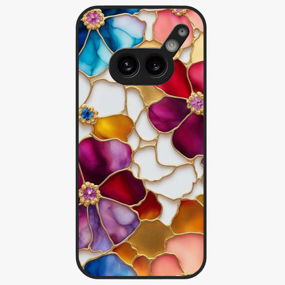 Marble Flower Pattern Glass Case showing flat back view with marble texture floral artwork and glossy glass finish.