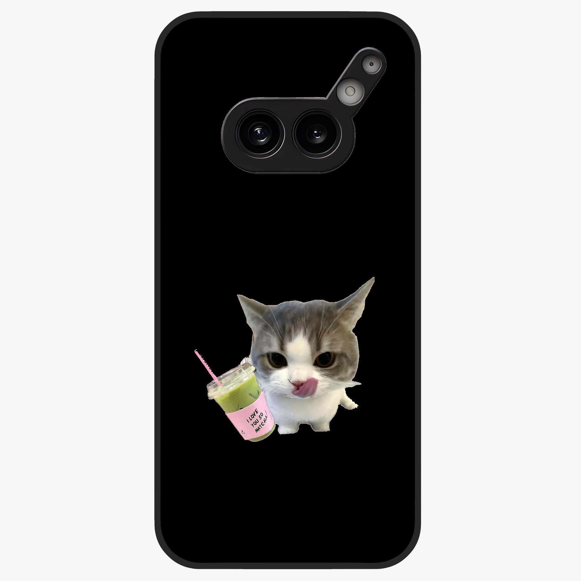 Matcha Cat Style Glass Case showing flat back view with cute matcha themed cat artwork and glossy glass finish.