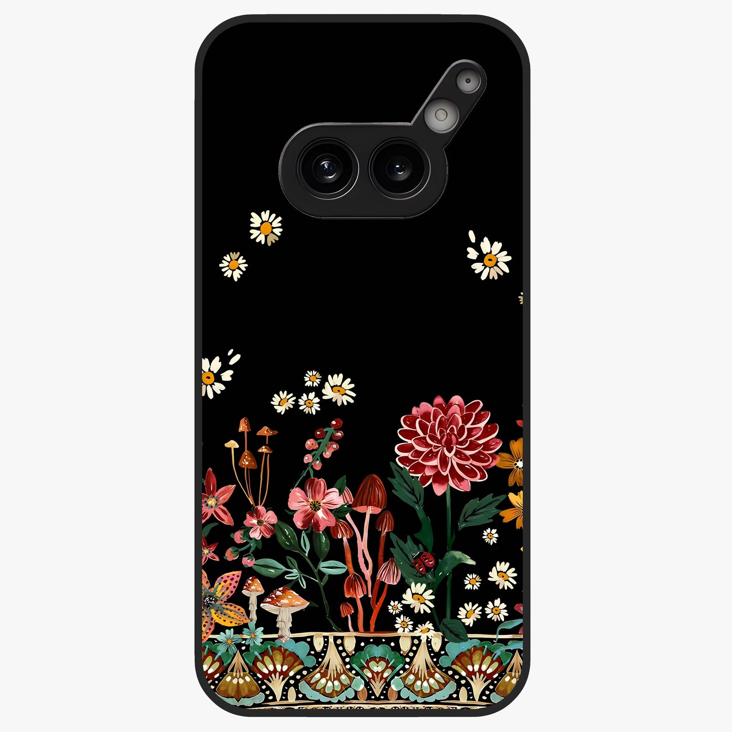 Midnight Bloom Pattern Glass Case showing flat back view with dark floral pattern artwork and glossy glass finish.