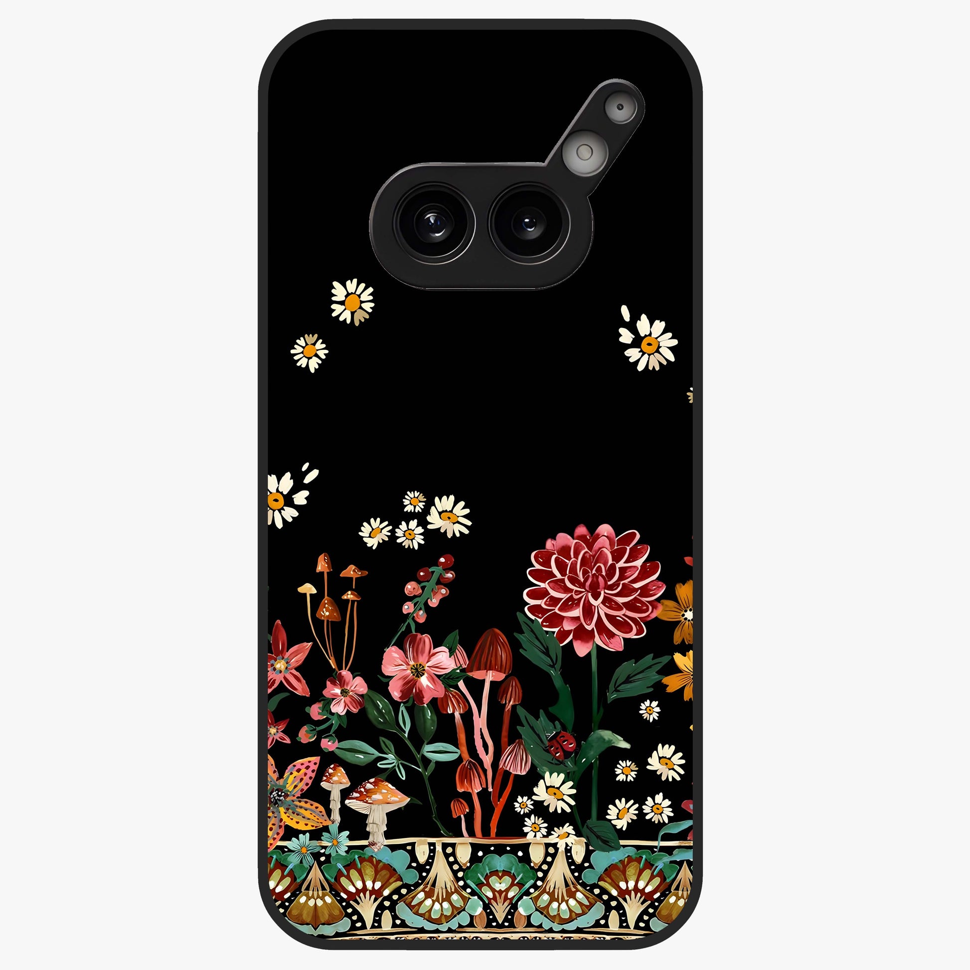 Midnight Bloom Pattern Glass Case showing flat back view with dark floral pattern artwork and glossy glass finish.