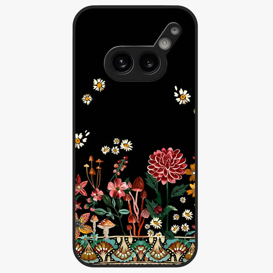 Midnight Bloom Pattern Glass Case showing flat back view with dark floral pattern artwork and glossy glass finish.