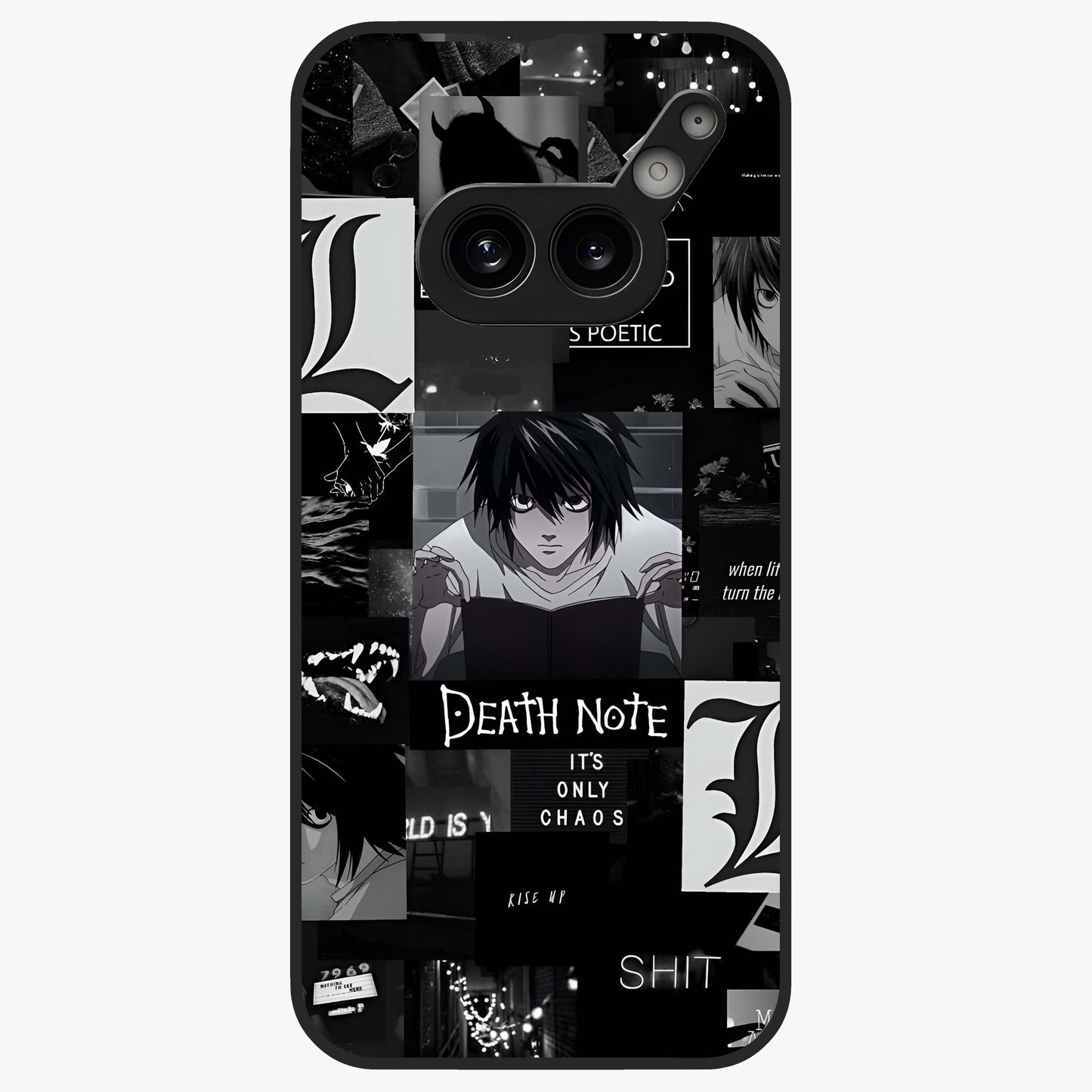 Midnight Chaos Mind Glass Case showing flat back view with abstract dark themed artwork and glossy glass finish.