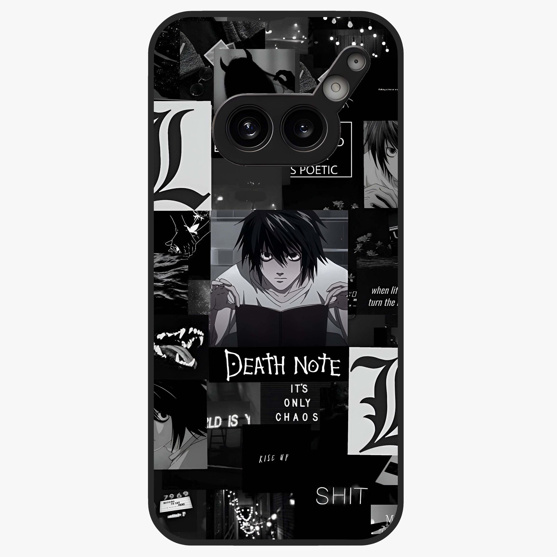 Midnight Chaos Mind Glass Case showing flat back view with abstract dark themed artwork and glossy glass finish.
