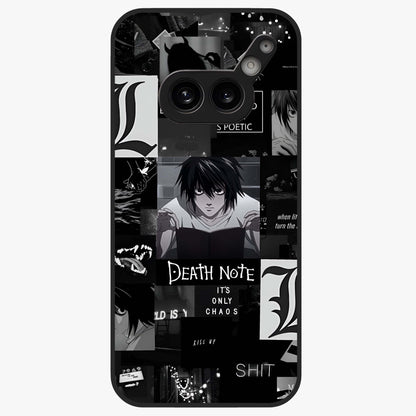 Midnight Chaos Mind Glass Case showing flat back view with abstract dark themed artwork and glossy glass finish.
