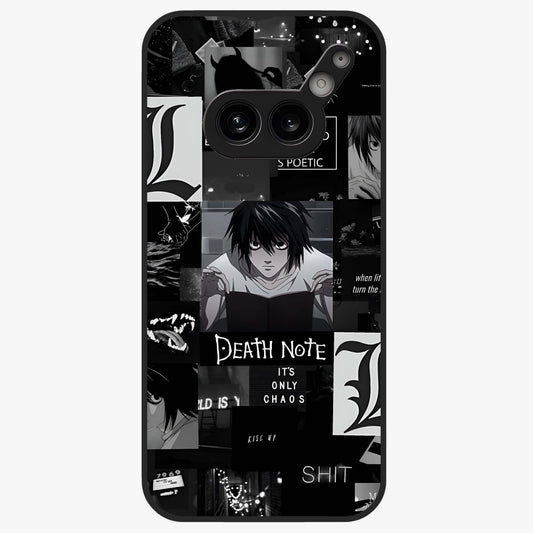 Midnight Chaos Mind Glass Case showing flat back view with abstract dark themed artwork and glossy glass finish.