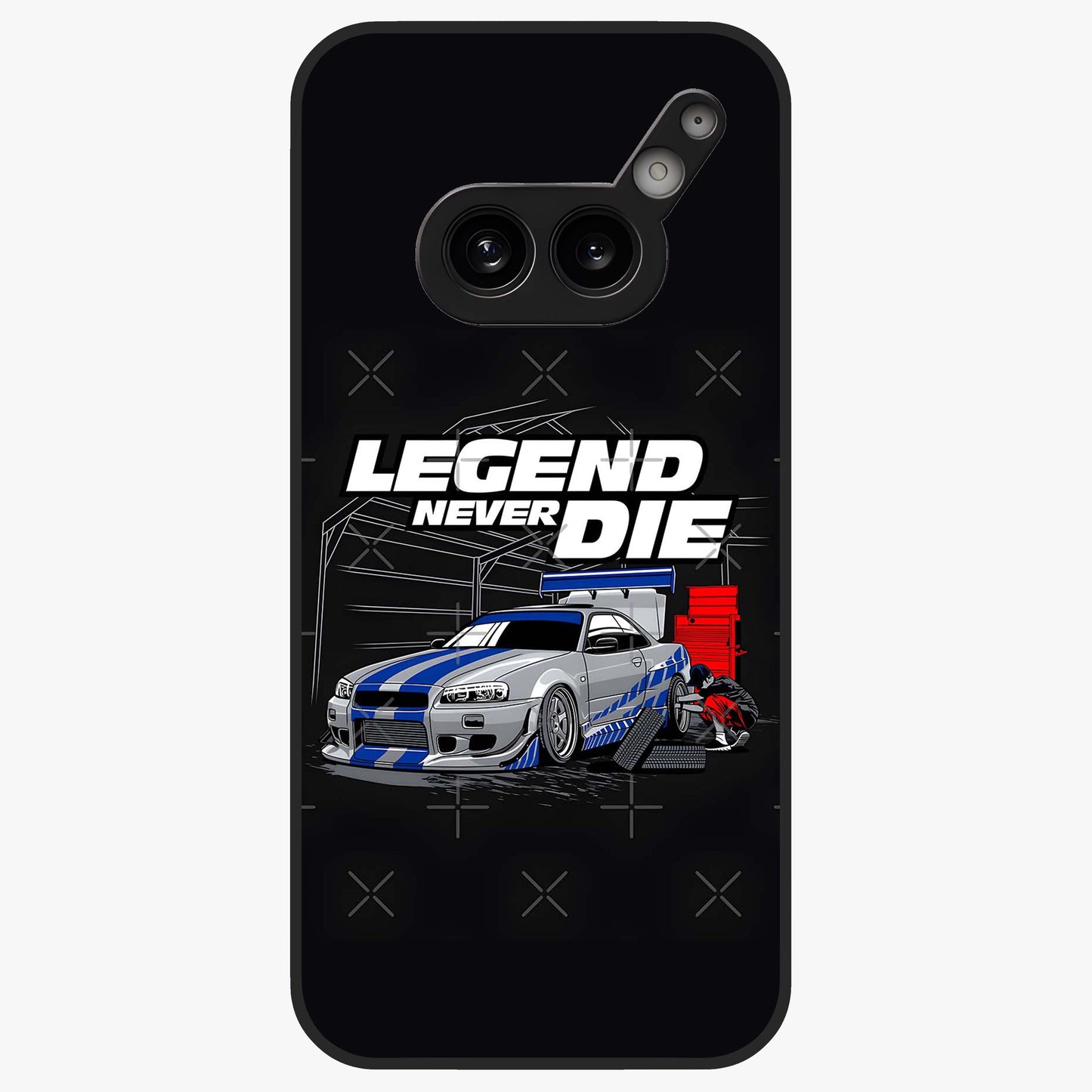 Midnight Racing Legacy Glass Case showing flat back view with sleek racing inspired artwork and glossy glass finish.