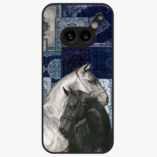 Midnight Stallion Blues Glass Case showing flat back view with majestic horse artwork and glossy glass finish.