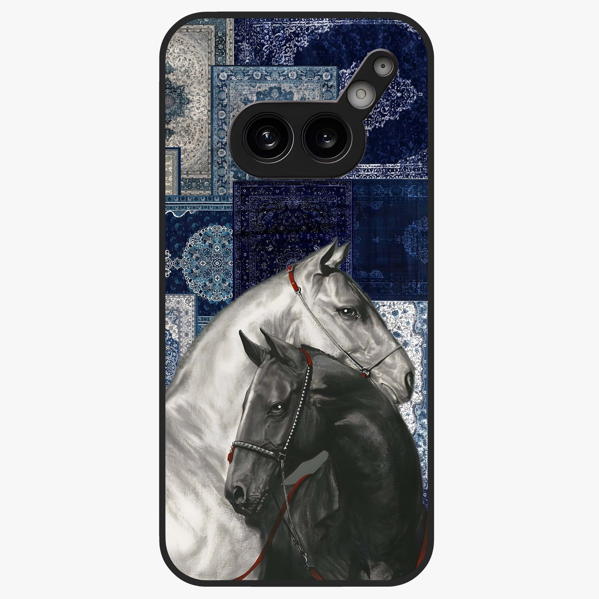 Midnight Stallion Blues Glass Case showing flat back view with majestic horse artwork and glossy glass finish.