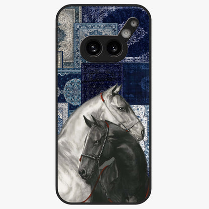 Midnight Stallion Blues Glass Case showing flat back view with majestic horse artwork and glossy glass finish.