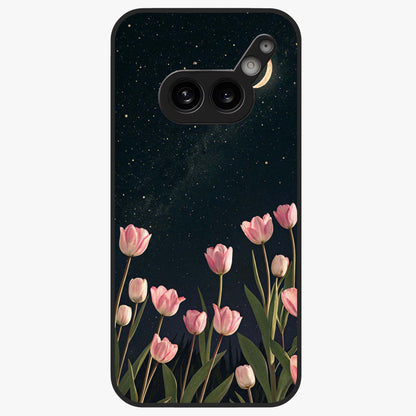 Midnight Tulip Whispers Vibe Glass Case showing flat back view with elegant tulip flower artwork and glossy glass finish.