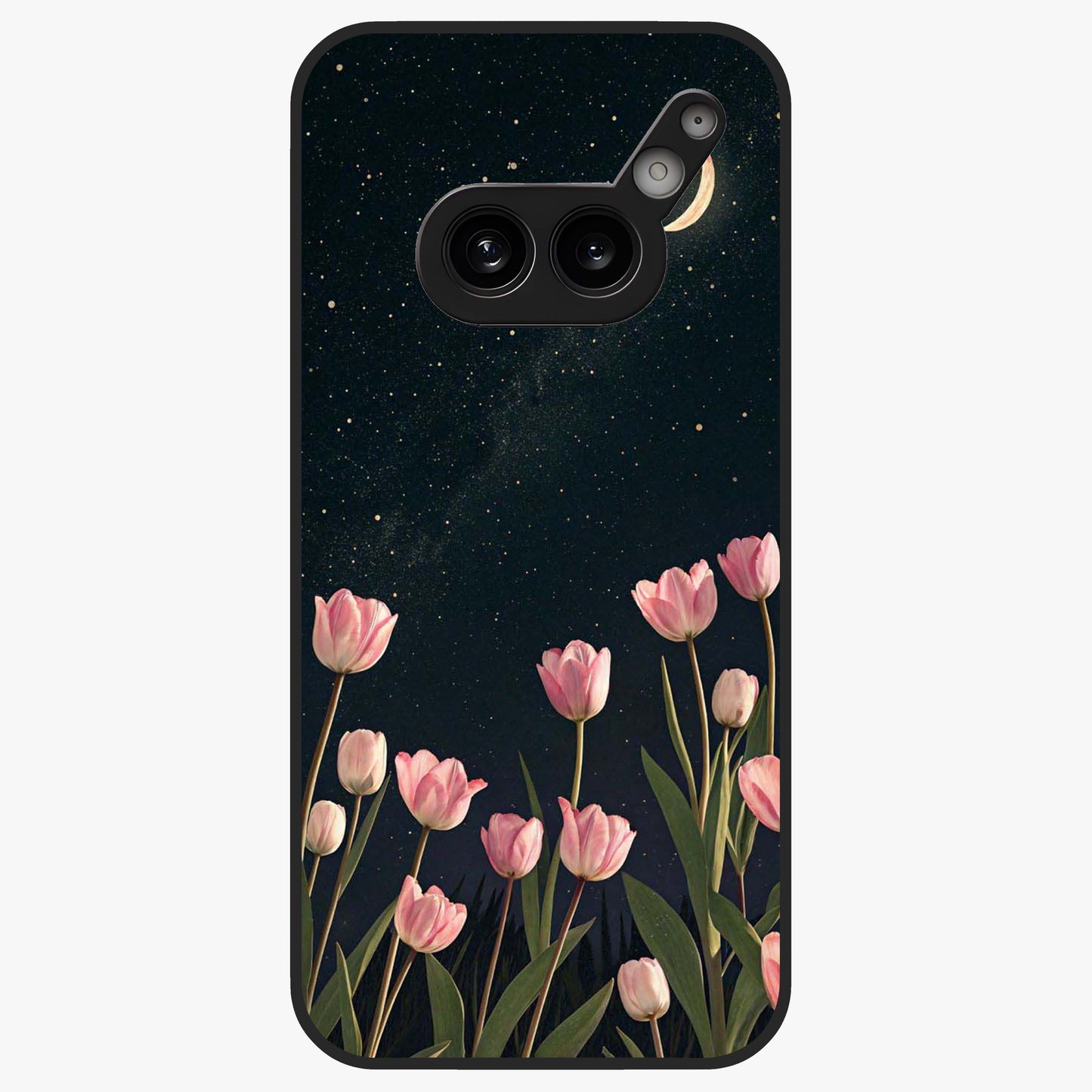 Midnight Tulip Whispers Vibe Glass Case showing flat back view with elegant tulip flower artwork and glossy glass finish.