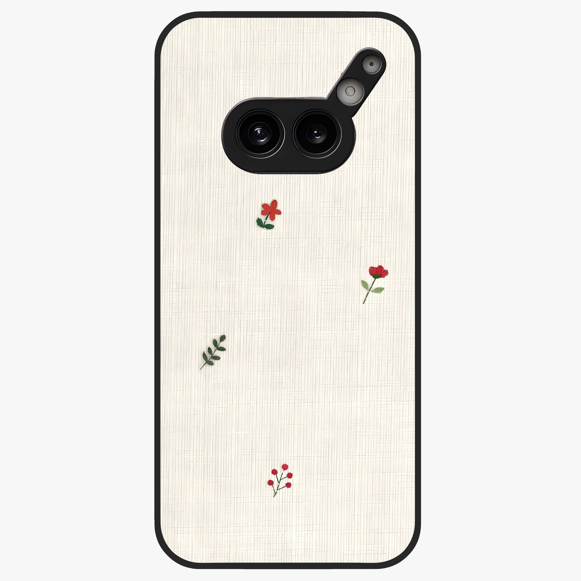 Minimal Petal Whispers Glass Case showing flat back view with soft minimal floral artwork and glossy glass finish.