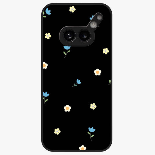 Minimalistic Blue With White Flower Pattern Glass Case showing flat back view with blue background and white flower pattern and glossy glass finish.