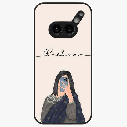 Mirror Mood Muse With Custom Name Glass Case showing flat back view with stylish mirrored artwork and personalized name design.