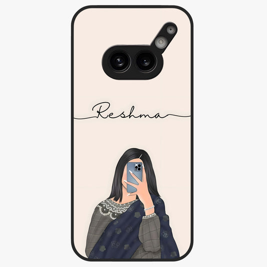 Mirror Mood Muse With Custom Name Glass Case showing flat back view with stylish mirrored artwork and personalized name design.