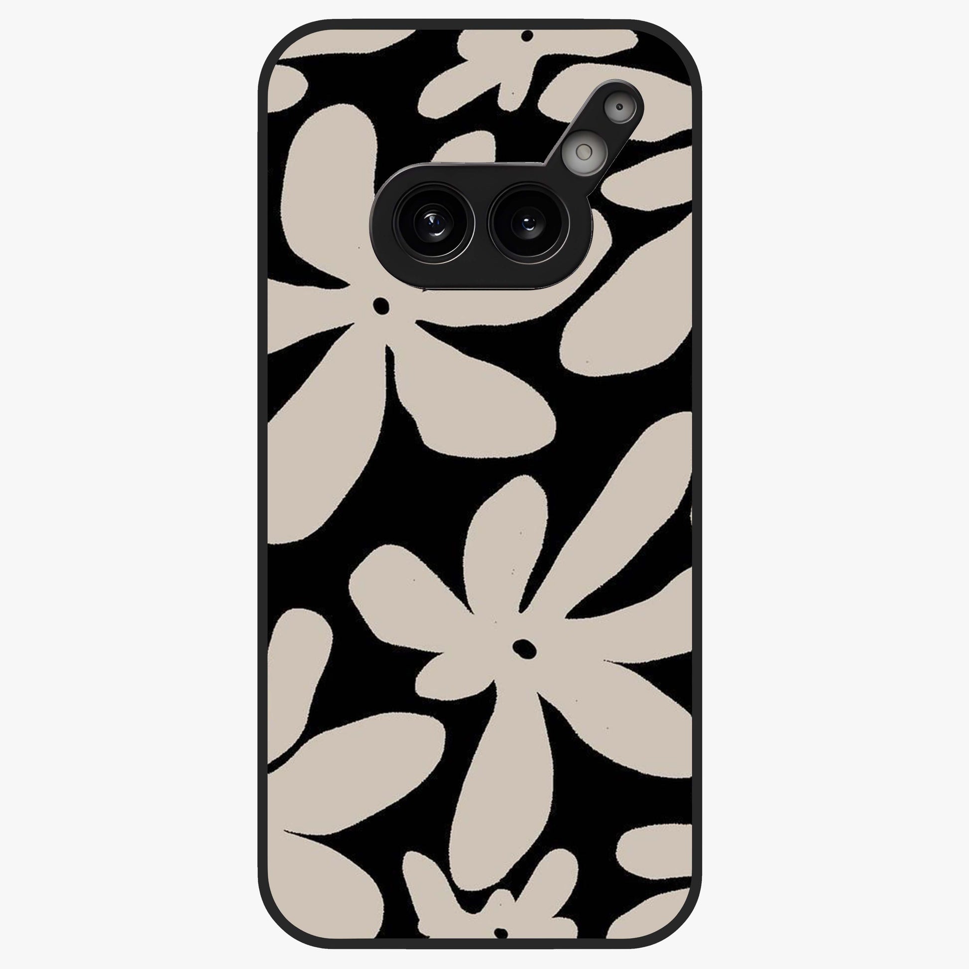Monochrome Petal Dance Glass Case showing flat back view with monochrome floral artwork and glossy glass finish.