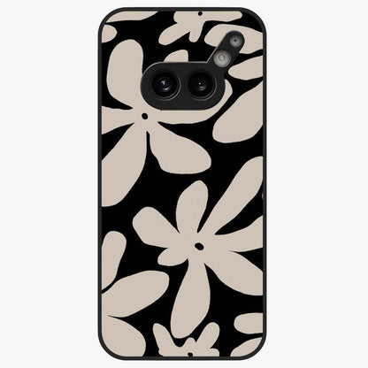 Monochrome Petal Dance Glass Case showing flat back view with monochrome floral artwork and glossy glass finish.