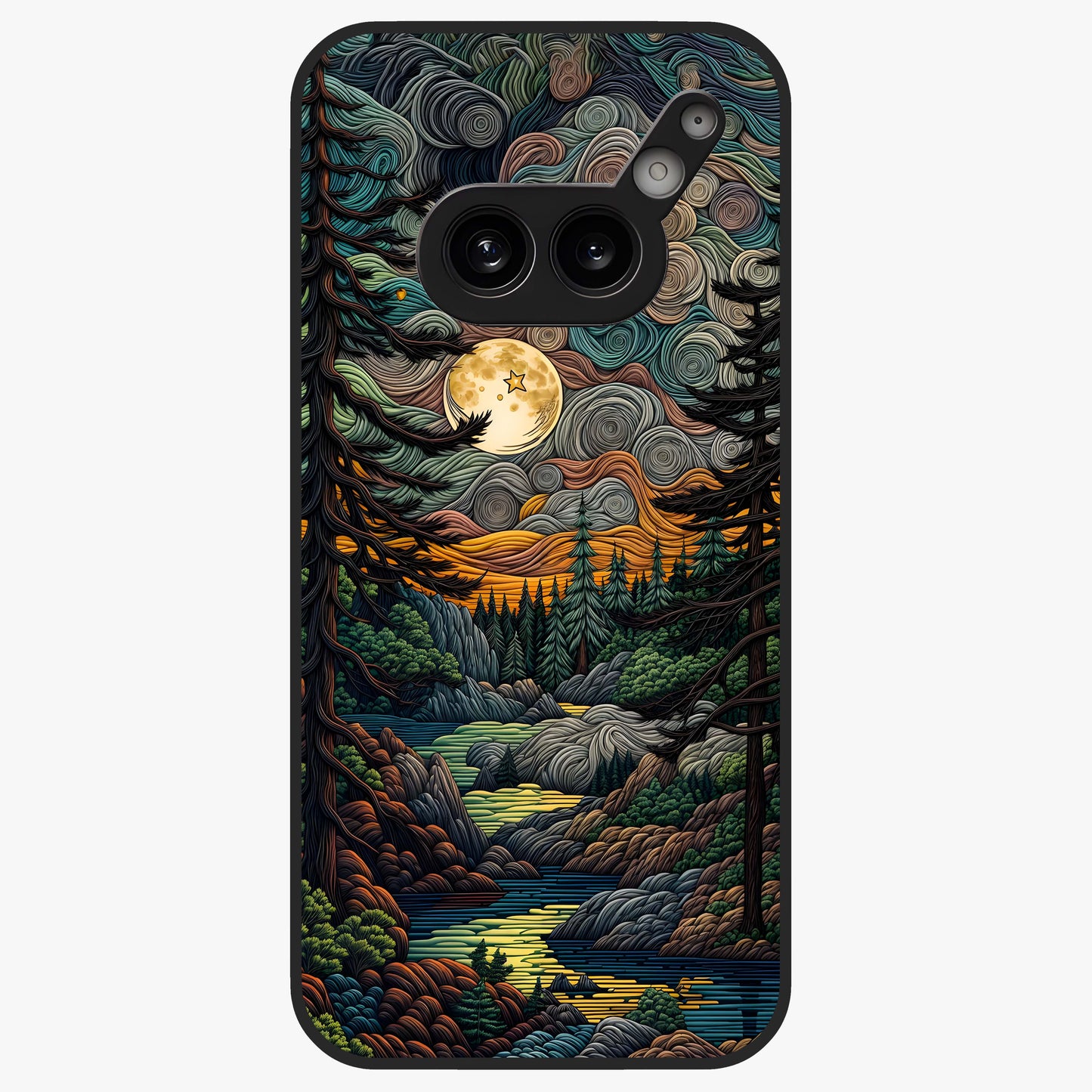 Moonlight Forest Dream Glass Case showing flat back view with mystical forest moonlight artwork and glossy glass finish.