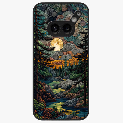 Moonlight Forest Dream Glass Case showing flat back view with mystical forest moonlight artwork and glossy glass finish.