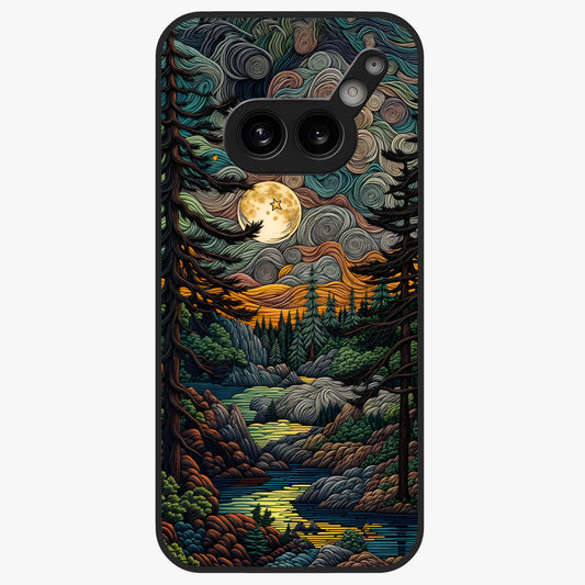 Moonlight Forest Dream Glass Case showing flat back view with mystical forest moonlight artwork and glossy glass finish.