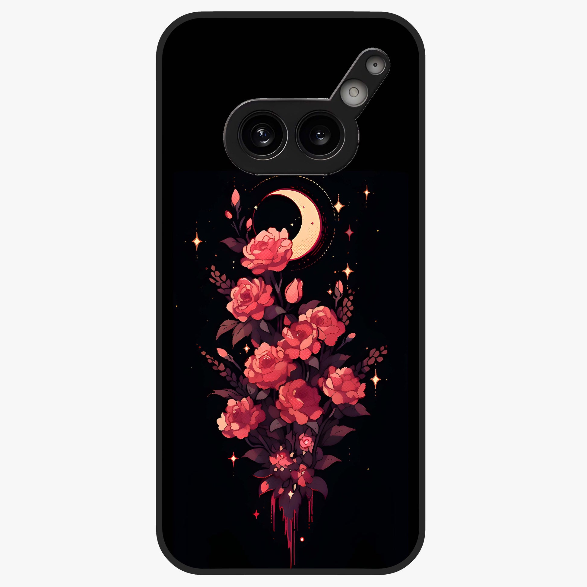 Moonlit Floral Elegance Glass Case showing flat back view with elegant floral artwork under moonlit tones and glossy glass finish.