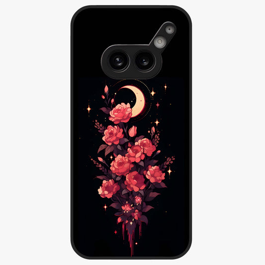 Moonlit Floral Elegance Glass Case showing flat back view with elegant floral artwork under moonlit tones and glossy glass finish.
