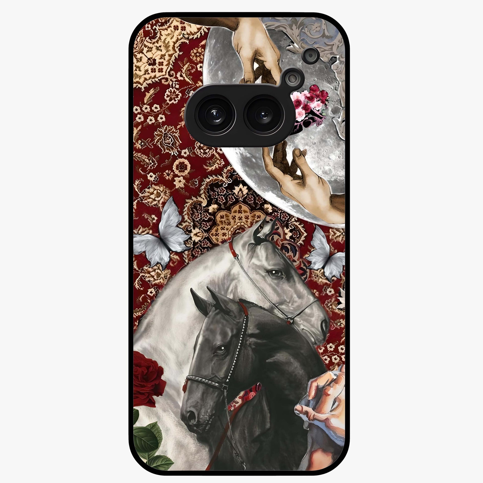 Moonlit Royal Stallion Glass Case showing flat back view with majestic horse under moonlight artwork and glossy glass finish.