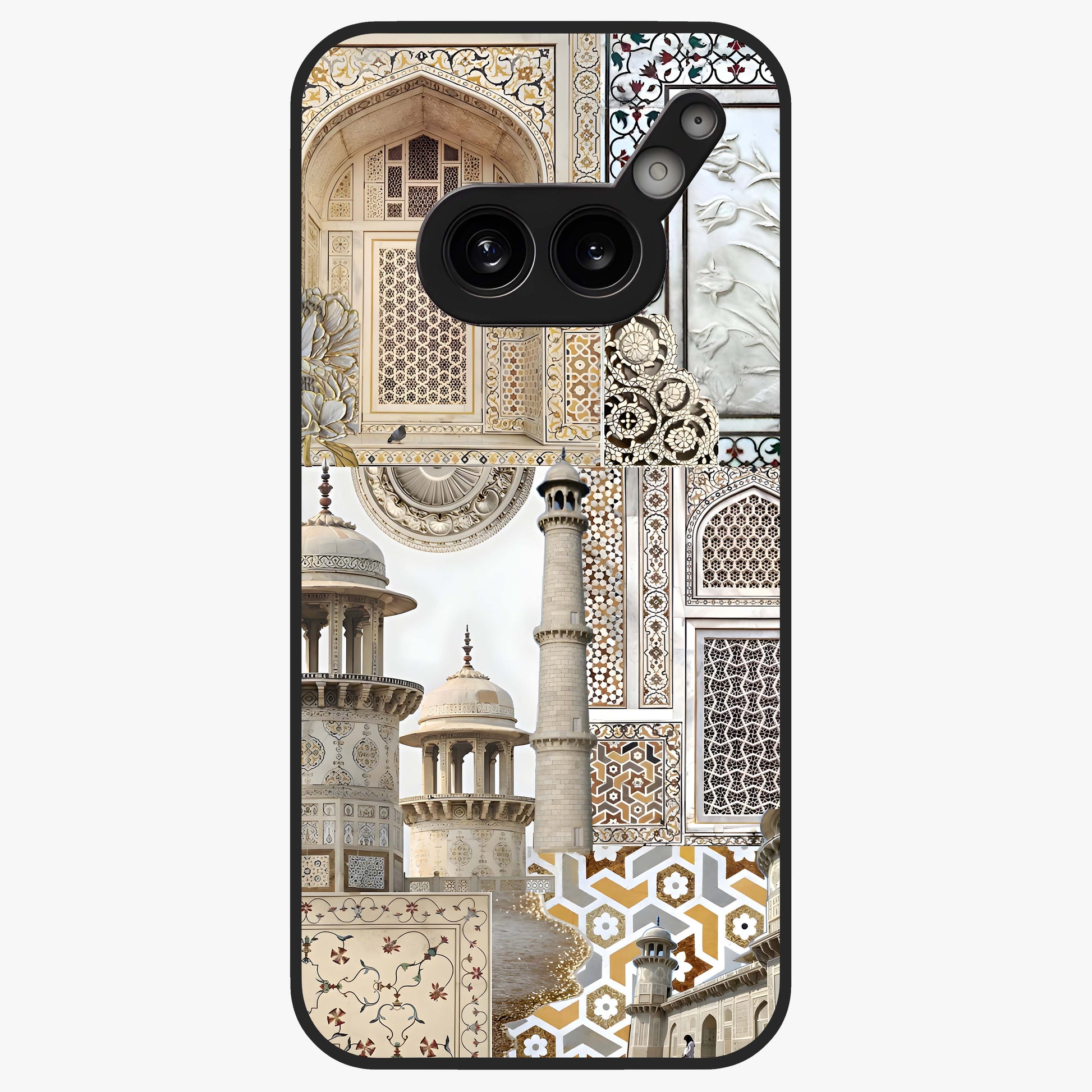 Mughal Marble Legacy Glass Case showing flat back view with intricate Mughal inspired marble pattern and glossy glass finish.