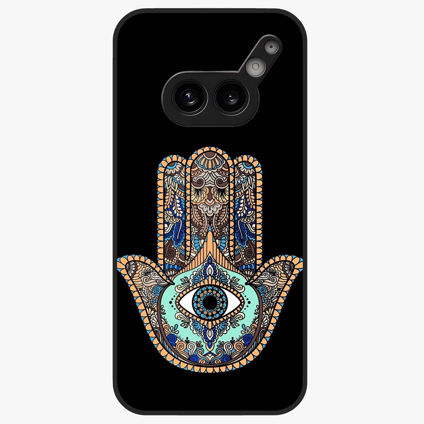 Mystic Hamsa Eye Glass Case showing flat back view with protective hamsa hand and evil eye artwork and glossy glass finish.