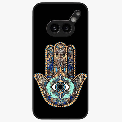Mystic Hamsa Eye Glass Case showing flat back view with protective hamsa hand and evil eye artwork and glossy glass finish.