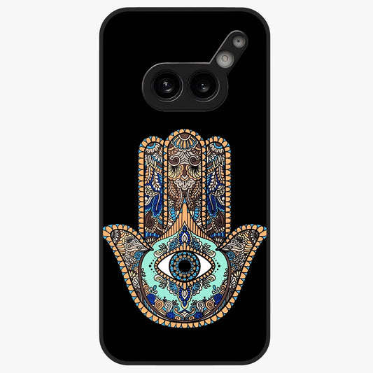 Mystic Hamsa Eye Glass Case showing flat back view with protective hamsa hand and evil eye artwork and glossy glass finish.
