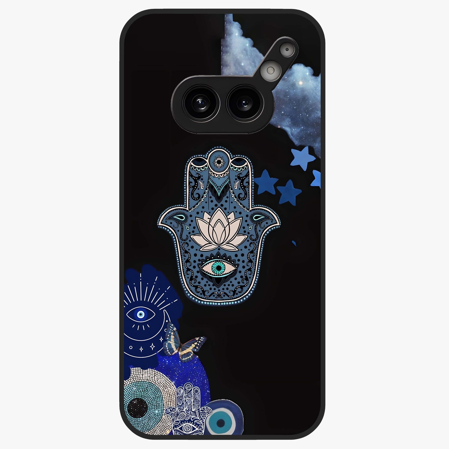 Mystic Hand Aura Glass Case showing flat back view with mystical hand symbol artwork and glossy glass finish.