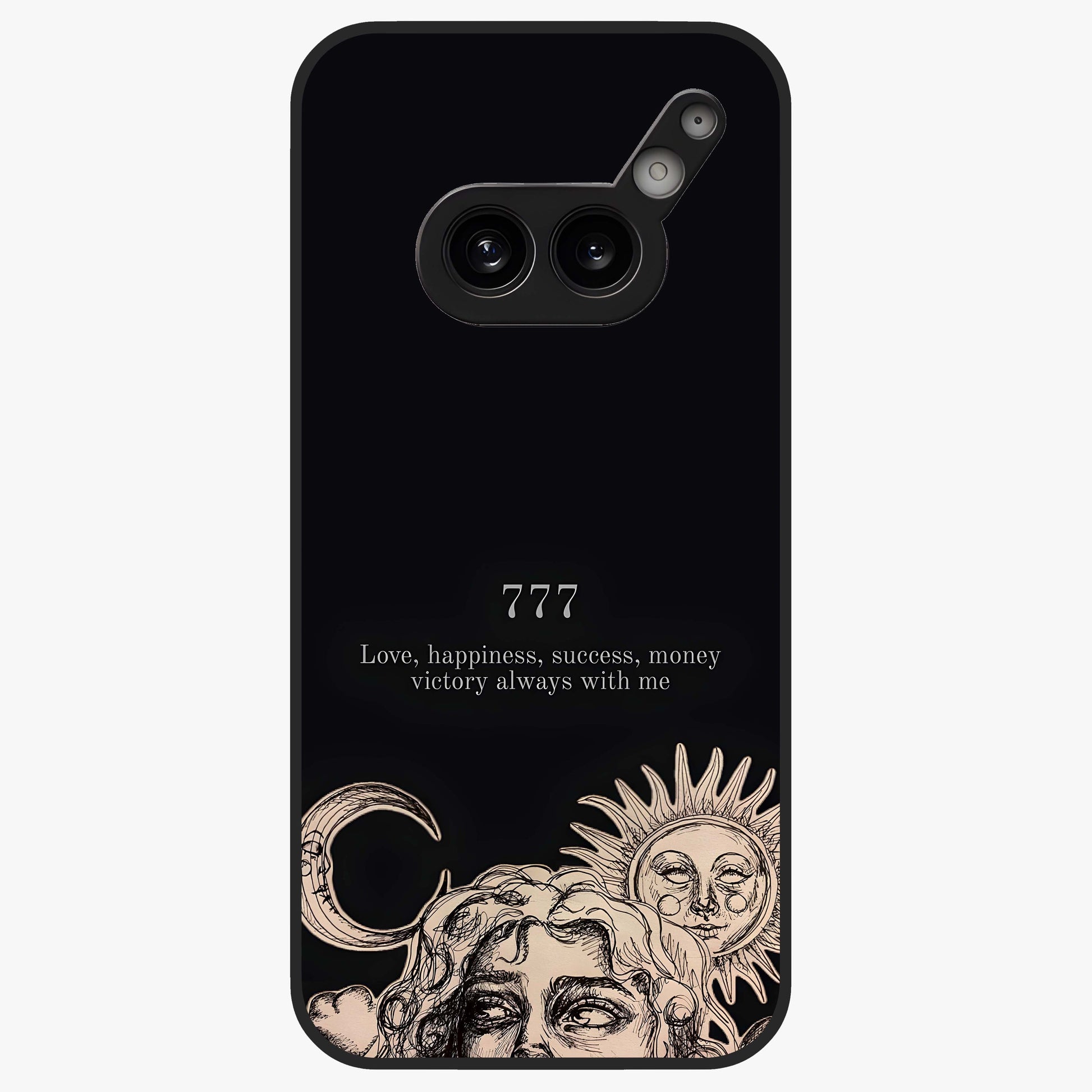 Mystic Victory Aura Glass Case showing flat back view with victory symbol artwork and glossy glass finish.