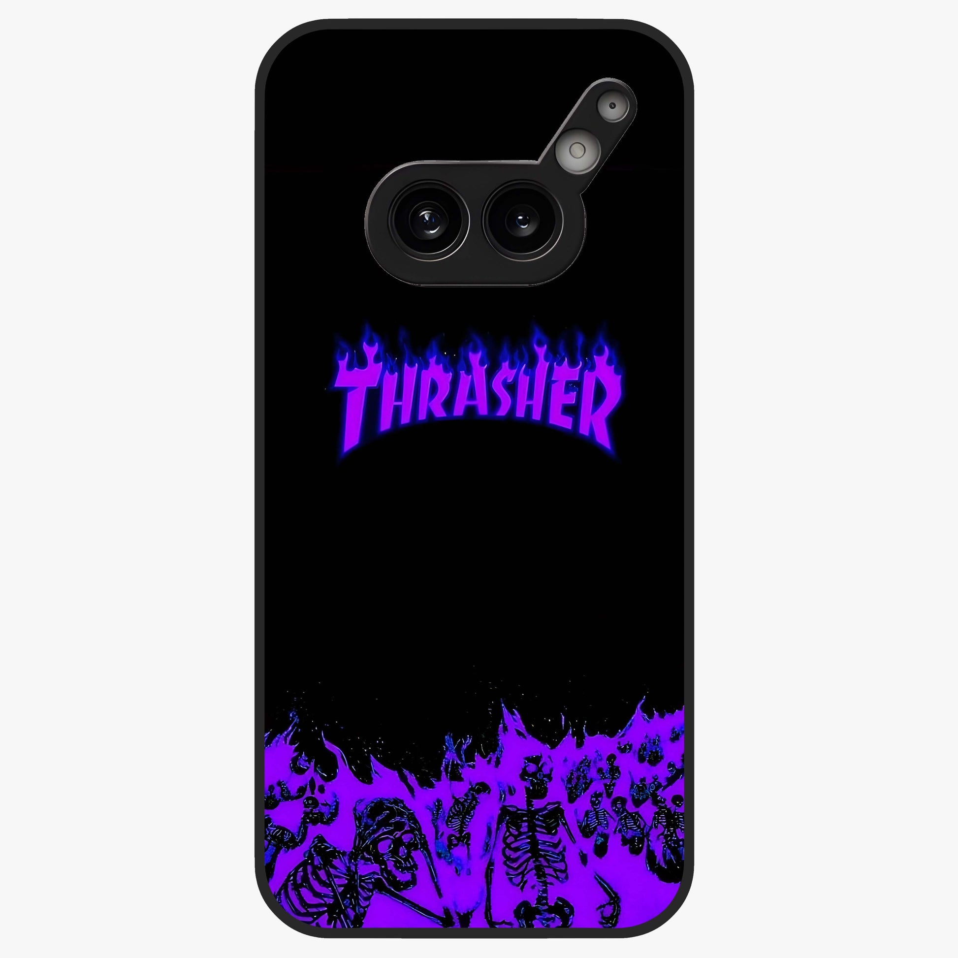 Neon Flame Riot Glass Case showing flat back view with neon flame artwork and glossy glass finish.