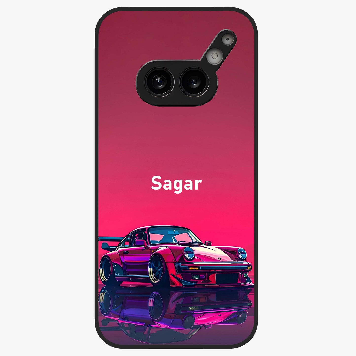 Neon Pink Porsche Glass Case showing flat back view with stylish sports car artwork and glossy glass finish.