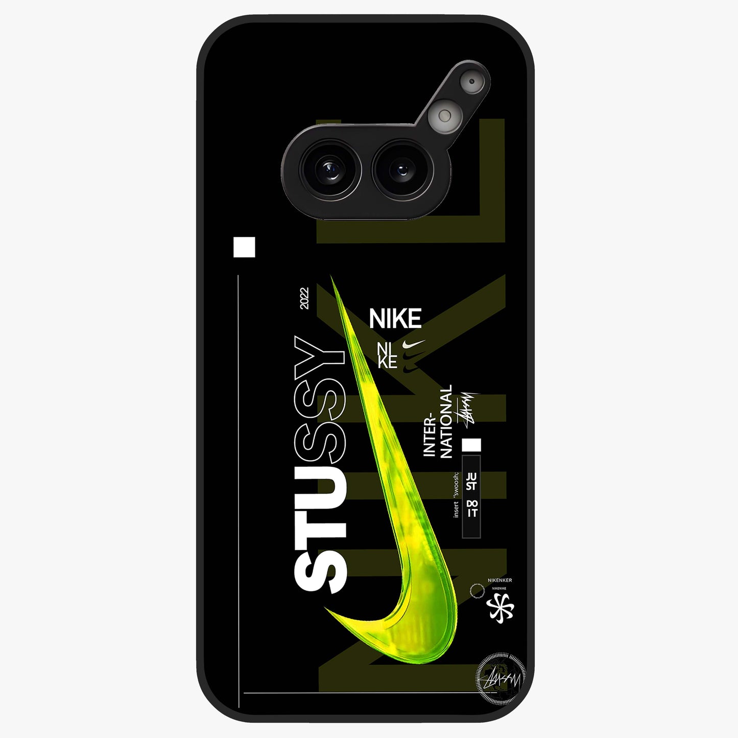 Neon Street Edition Glass Case showing flat back view with neon street style artwork and glossy glass finish.