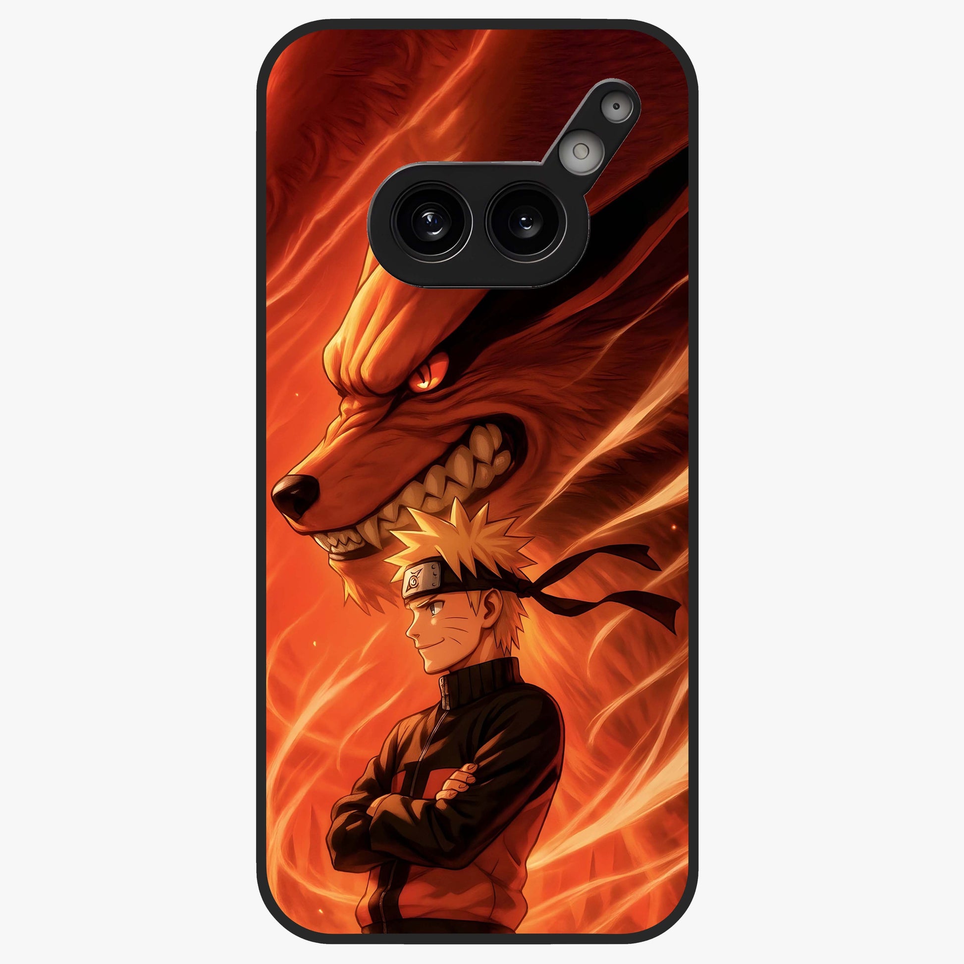 Nine Tails Legacy Glass Case showing flat back view with powerful nine-tailed fox inspired artwork and glossy glass finish.