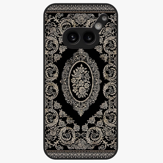 Noir Bloom Elegance Glass Case showing flat back view with elegant dark floral artwork and glossy glass finish.