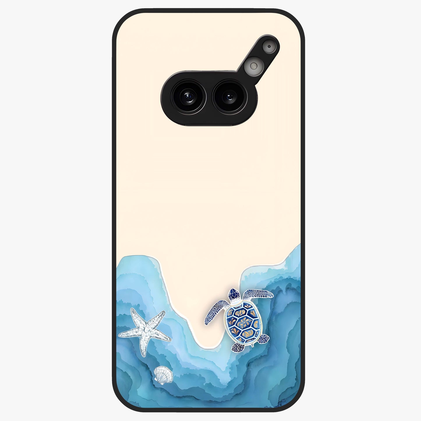 Ocean Drift Turtle Glass Case showing flat back view with sea turtle artwork and glossy glass finish.