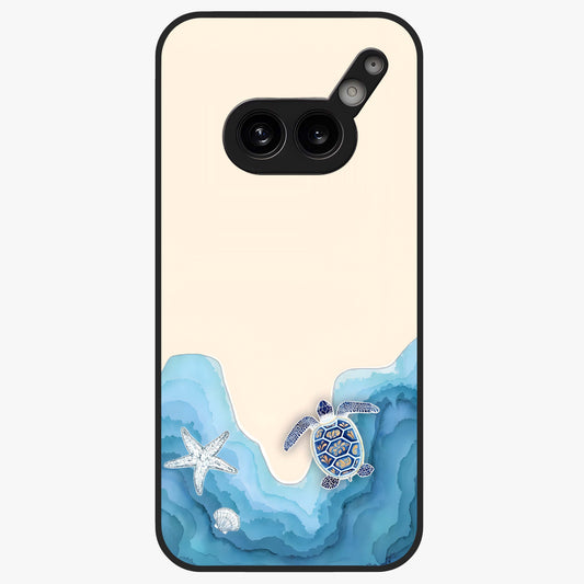 Ocean Drift Turtle Glass Case showing flat back view with sea turtle artwork and glossy glass finish.