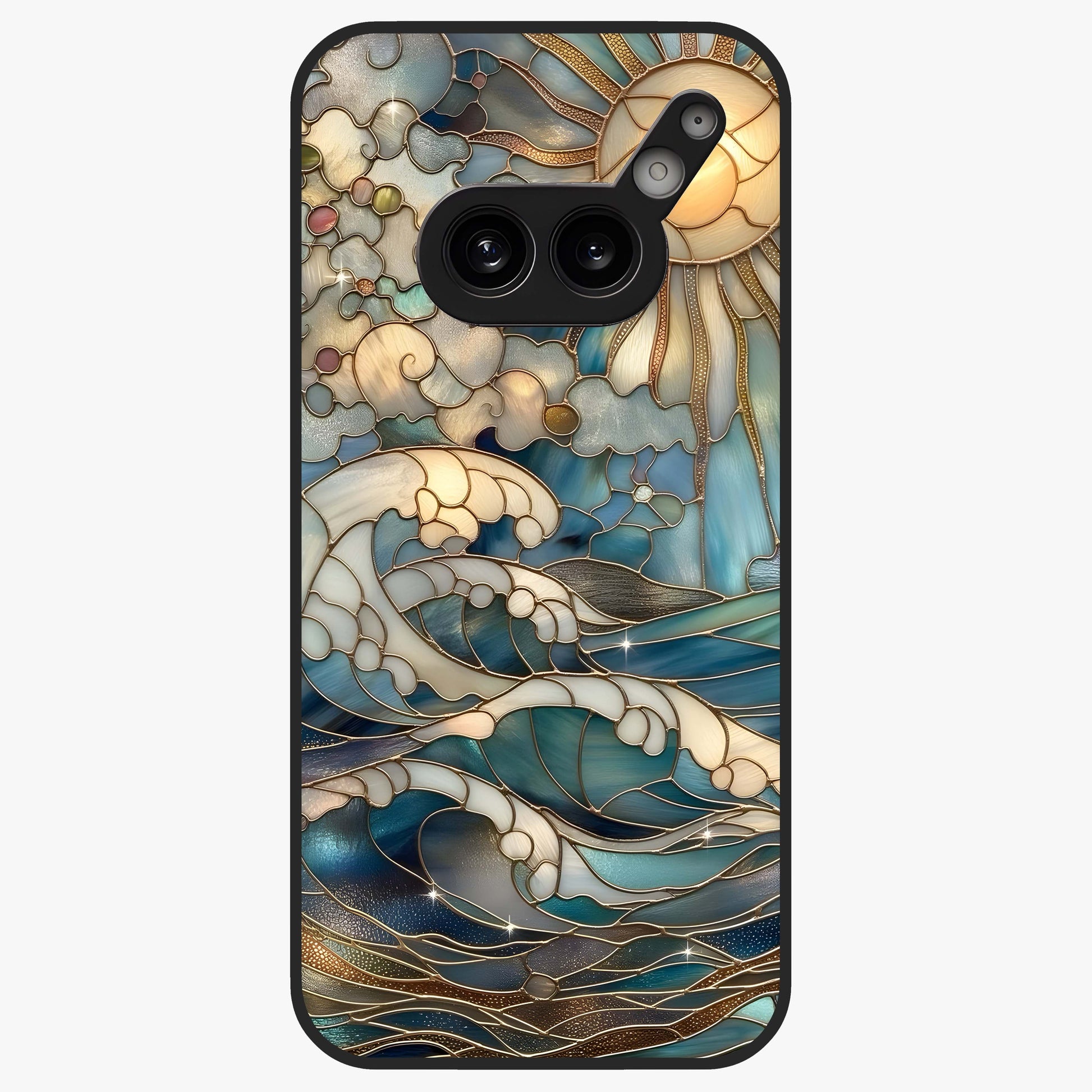 Oceanic Stained Printed Glass Case showing flat back view with ocean inspired stained pattern artwork and glossy glass finish.