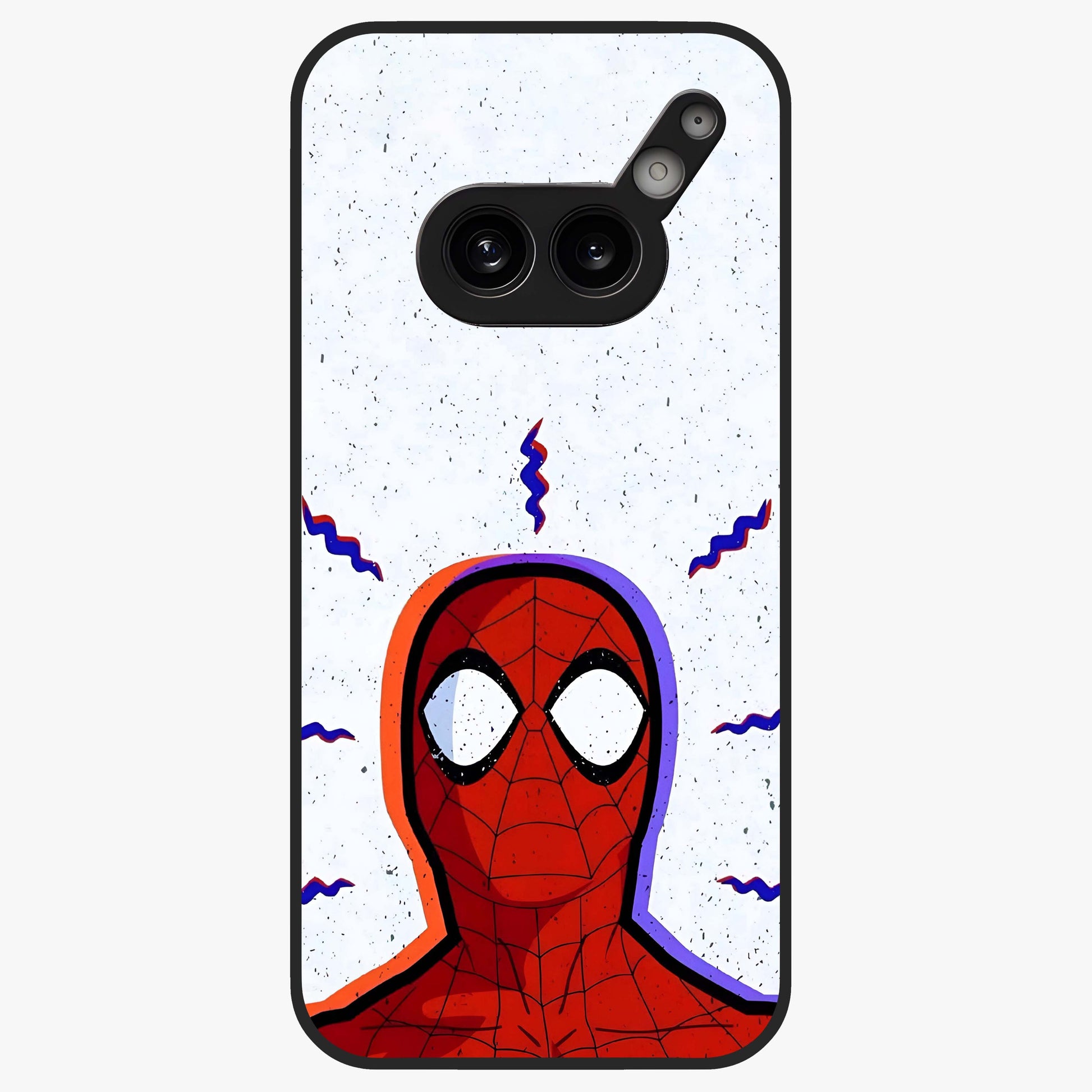 Omg Spiderman Glass Case showing flat back view with bold superhero inspired artwork and glossy glass finish.